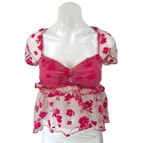 NEW Urban Outfitters Kimchi Blue Claudia Pink Floral Mesh Babydoll Blouse Top M - Picture 5 of 9